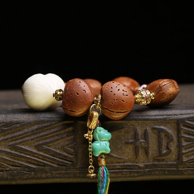 Natural peach stone carved heart bracelet, single-circle Buddha beads, ivory fruit, peach, Aquarius, dZi beads, turquoise, pony - view 3
