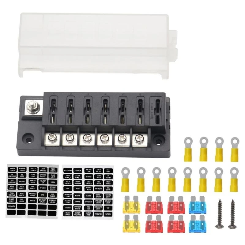 

37JE 32V Fuses Block, 6 Way Marine Fuses Block with Dampproof Cover 6 Circuits Fuses Box Fuses Panel for Car Boats Truck