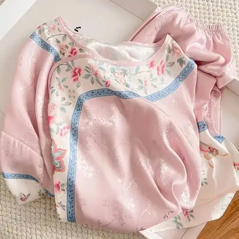 Women Retro Long-Sleeve Long-Pants Pajama Set Girls Sweet Soft Home Wear Student Casual Loose Pajamas Women Chinese-Style Outfi