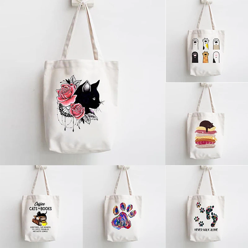 Cat Books Coffee Love Print Shopper Handbags Shoulder Fashion Canvas Casual Shopping Girls Women Graphic Tote Bag