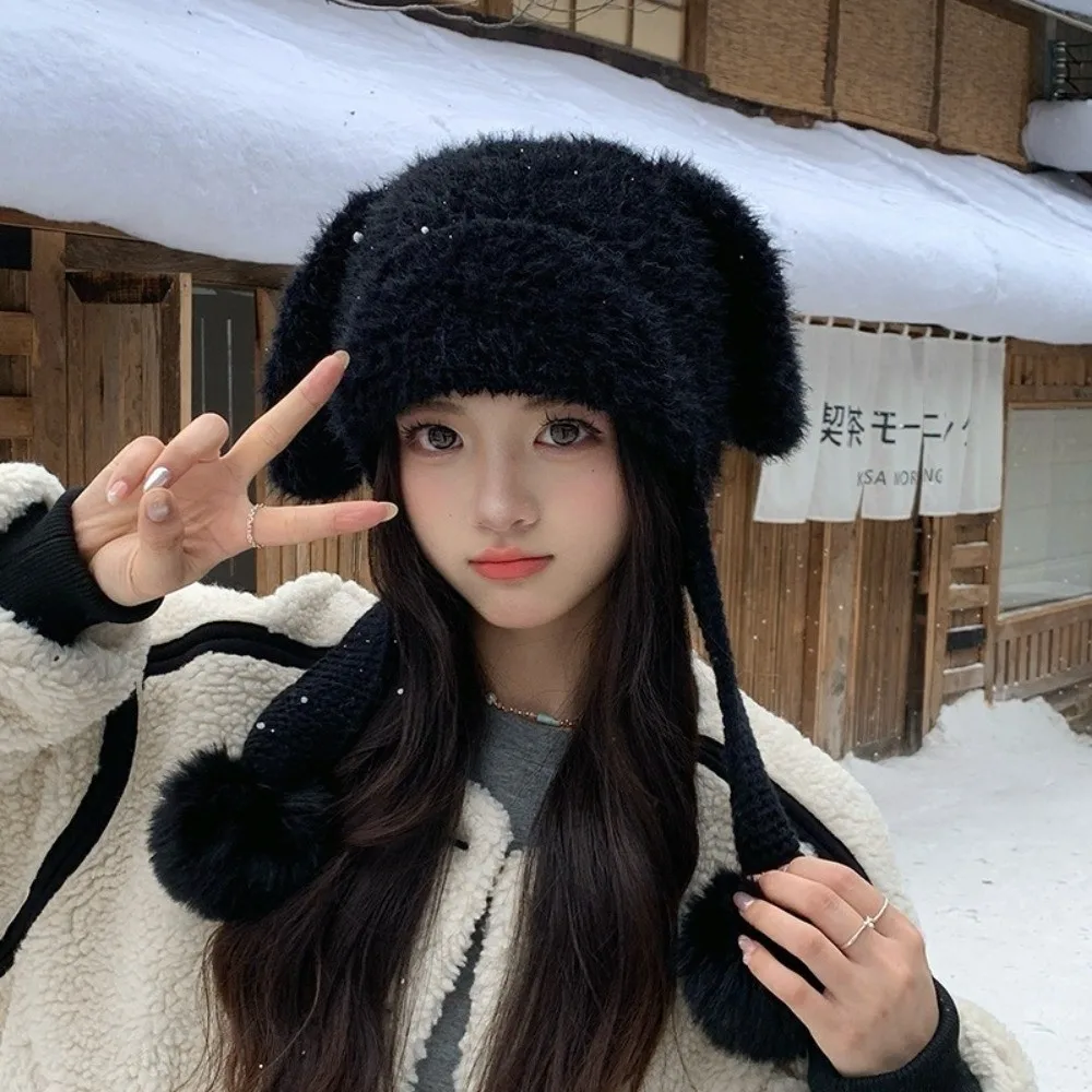 Fluffy Texture Bunny Ear Beanie Warm Lining Pom Pom Detail Knit Winter Hat Slouchy Style Earflap Design Earflap Pom Pom Hat