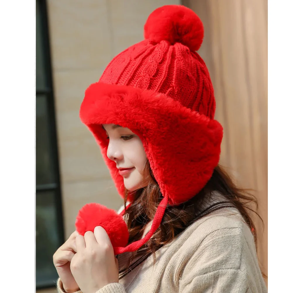 

Earmuff String Hat Red Knitted Warm Headwear Winter Autumn Warm Knitted Hat Earflap Adults Fashion Pom Pom Cap