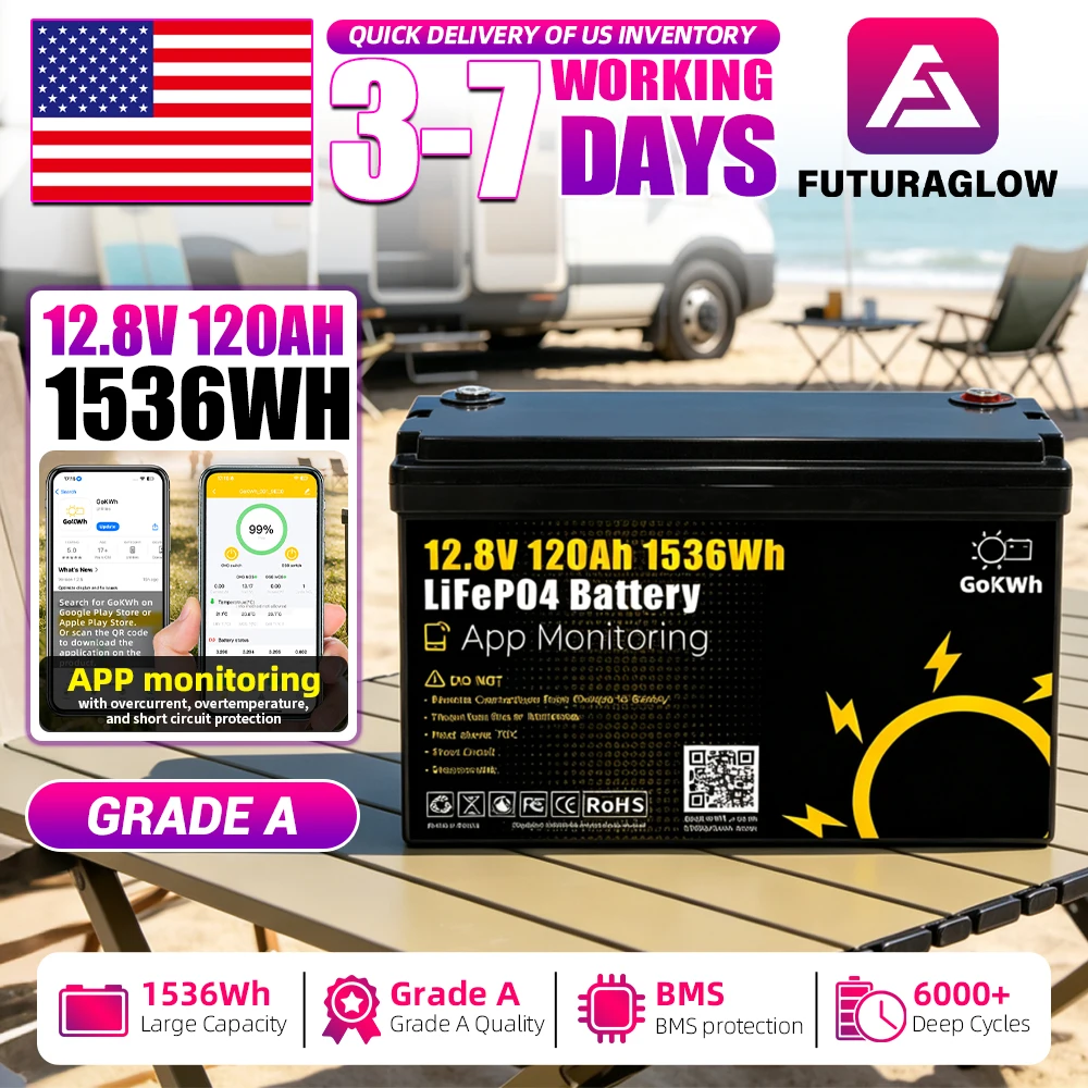 12V 100Ah 120Ah LiFePO4 Battery Pack With BMS APP Real-time Monitoring Grade A 12.8V Lithium Iron Phosphate Rechargeable Cells 6000+ Cycles For RV EV Home Energy Storage US Stock