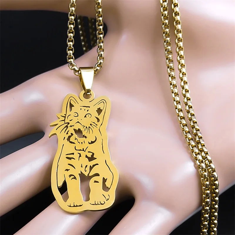 Cute Cat Ragdoll Pendant Necklace for Women Men Stainless Steel Gold Color Hollow Animal Chain Aesthetic Jewelry collar N9749S02