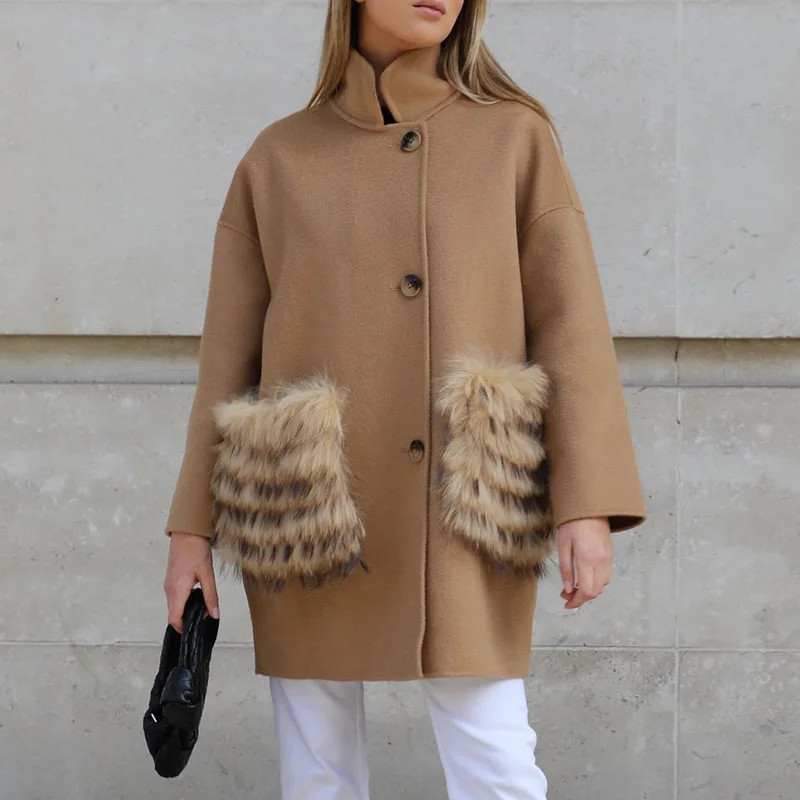 

New Design Women Real Wool Coat Lady Autumn Winter Trench Coat Raccoon Fur Pocket High Collar QN5231