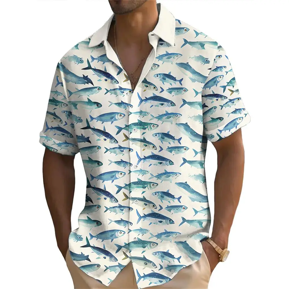 Summer Fashion Ocean Fish Print Men\'s Short Sleeve Casual Printed Tops Seaside Vacation Travel Wear Oversized Tops