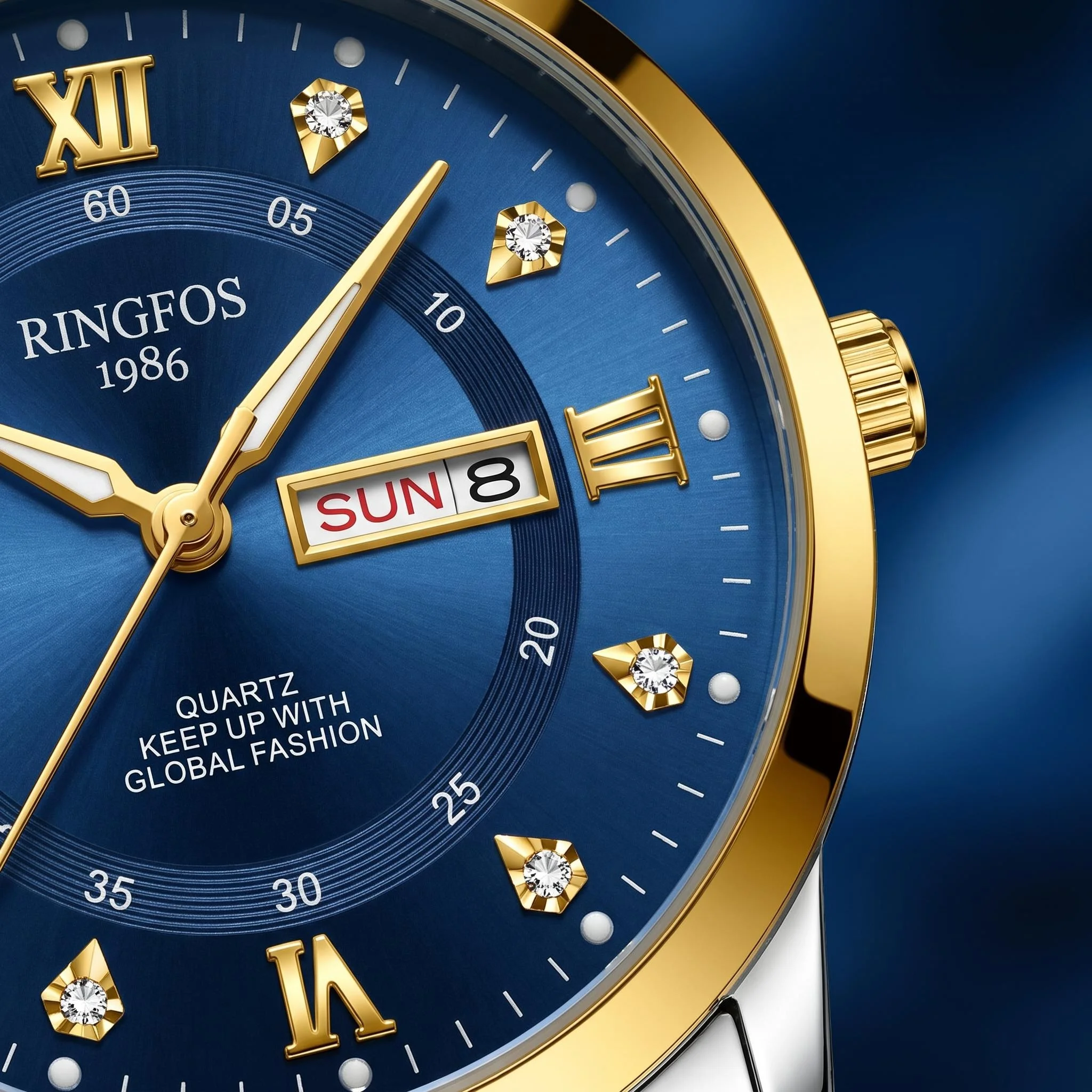 Men's quartz watch with a two-tone stainless steel bracelet, featuring a luxurious large blue dial with day and date displays,