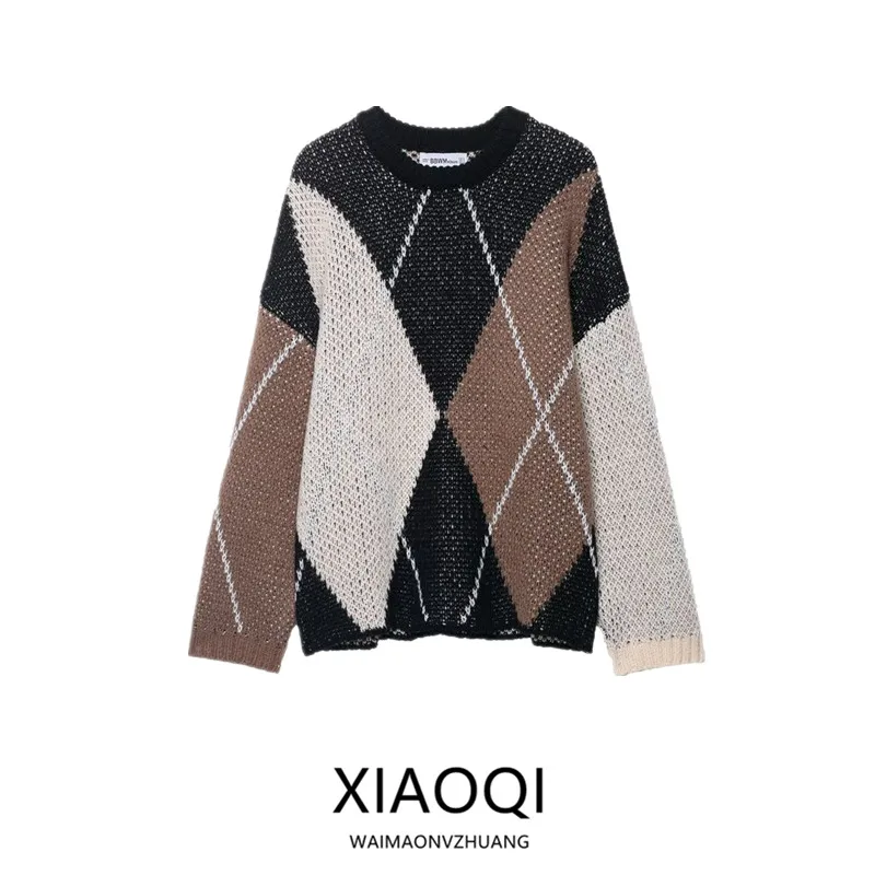 

Новое поступление осени 2022, женский вязаный длинный све, круглый универсальный повседневный моющийся топ с ромбовидным узором