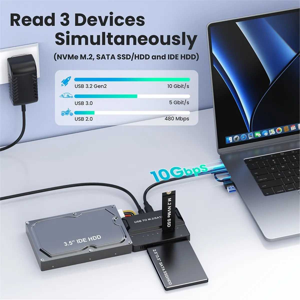 USB 3.2 to M.2 NVME SATA IDE Hard Disk Adapter 2.5/3.5 Inch HDD SSD Optical Drive Data Transfer for Laptop EU-PLUG