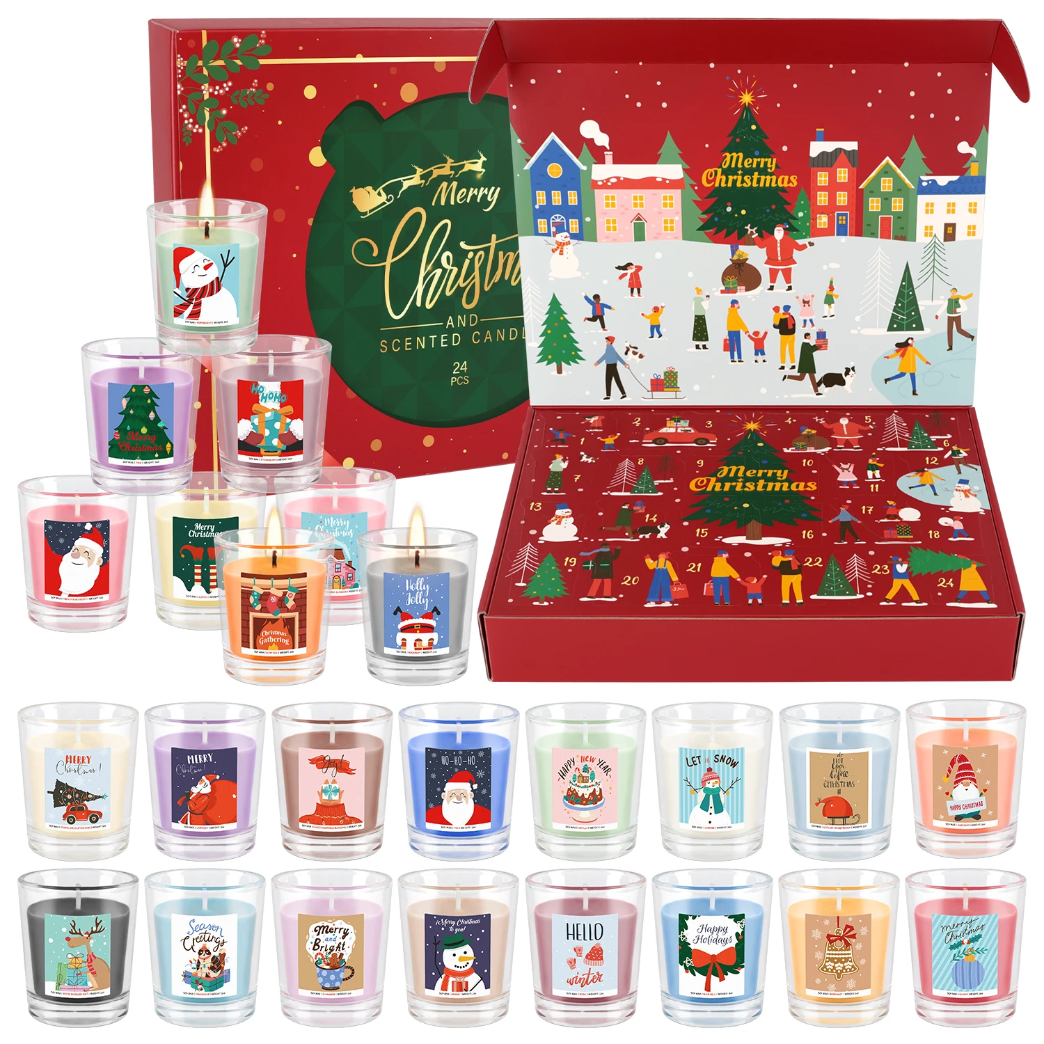 Home Fragrance Set Gift - 20個入りカウントダウンカラーガラスキャンドルギフトボックス、1オンス、マルチフレグランスセット、ホームデコレーション、クリスマスシーンデコレーション