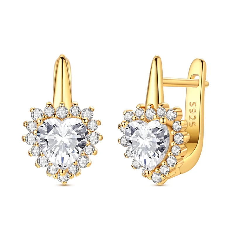 

925 Sterling Silver Earrings Women Sparking Gold Heart Hoop Earring For Anniversary Wedding Jewelry Gifts