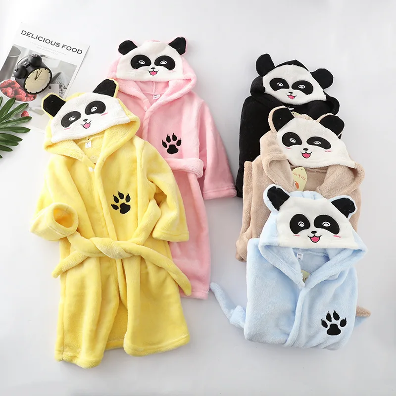 Kids Colar Fleece Panda Hooded Bathrobe Children's Dressing Gown Bath Robe Cartoon Animal Sleepwear For Girls Boys Pyjamas