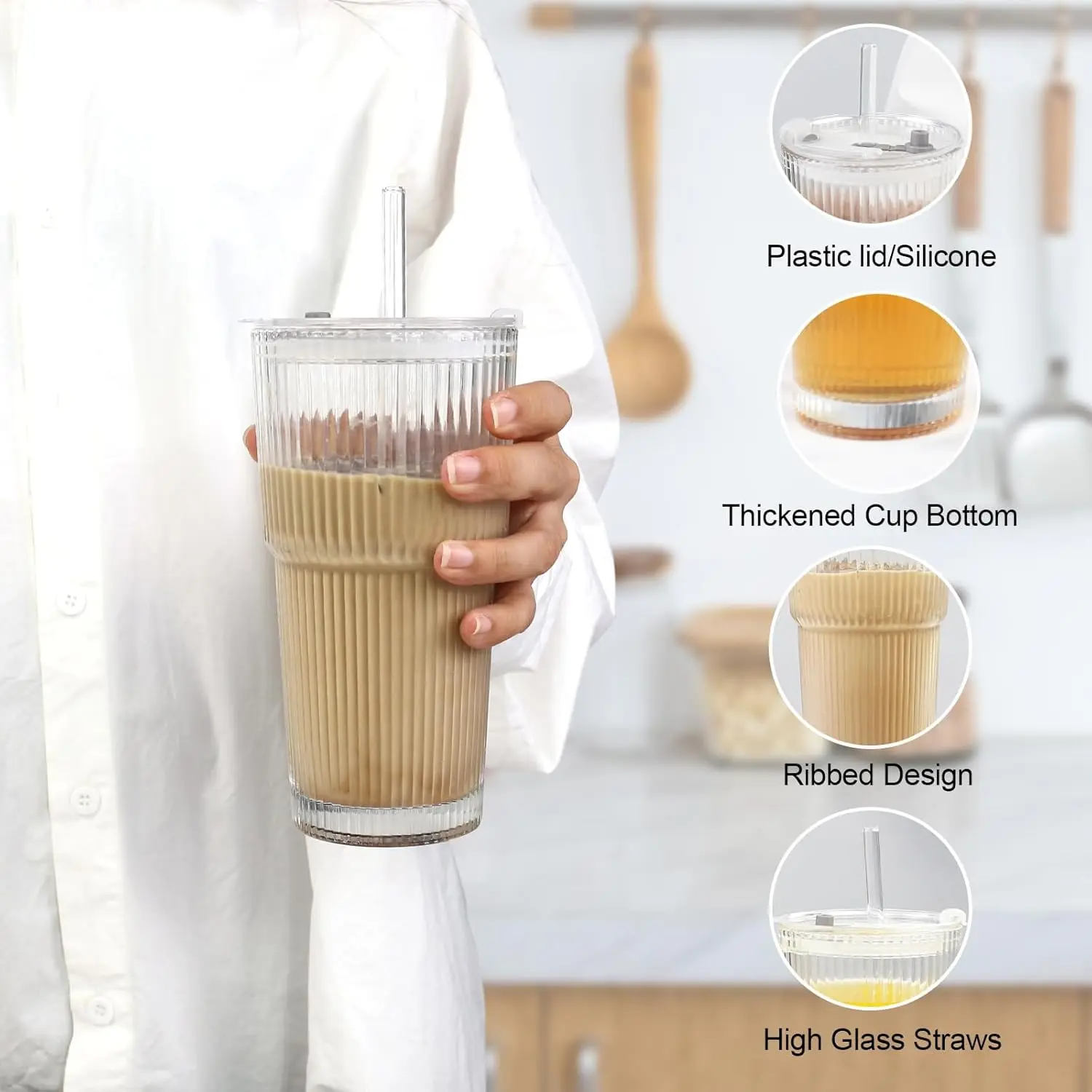 Modern Ribbed Glass Tumbler 20oz, Complete Set with Lid, Glass Straw & Brush, Spill-Resistant Design, for Office & Travel view 4