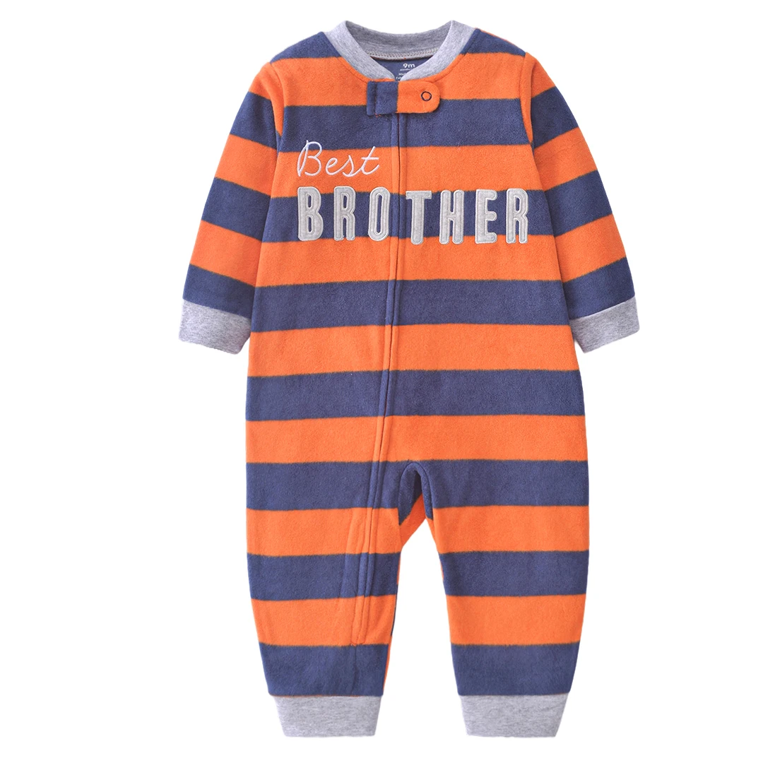 Orange Navy Striped Best Brother Letter Embroidered Polar Fleece Zipper Baby Romper Warm Loungewear for Baby Boys Autumn Winter