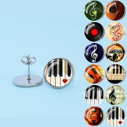 Musical Instrument Glass Ear Studs Piano Guitar Clarinet Music Notes Silver Color Earing Women Jewelry