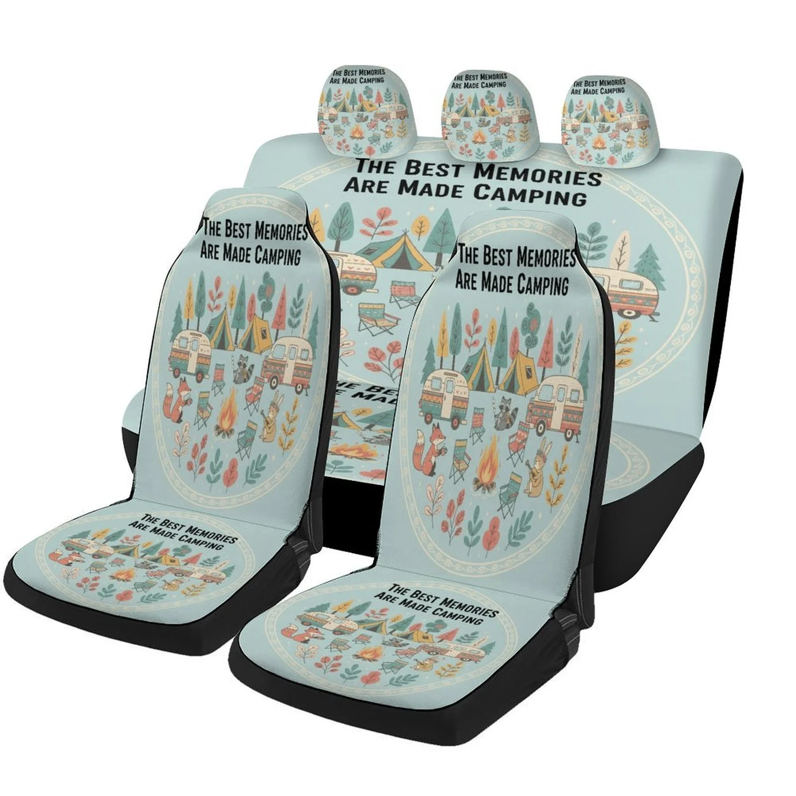 Camping Memories Themed Car Seat Cover Set For Most Cars, Trendy High-quality Car Seat Protector Covers Full Set, Universal Car