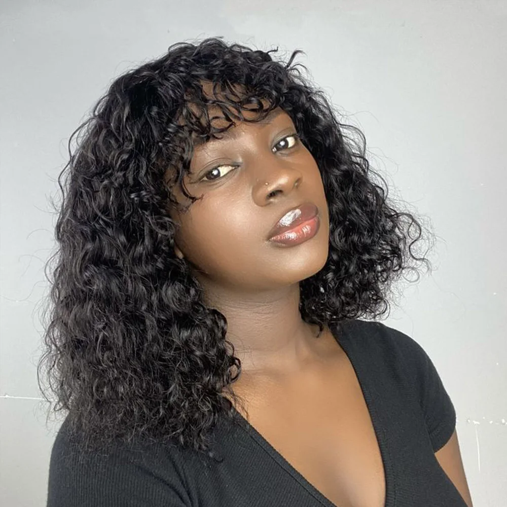 Parrucca Pixie Cut Parrucca a onde profonde Parrucche brasiliane per capelli umani con frangia Parrucca piena fatta a macchina per donne nere