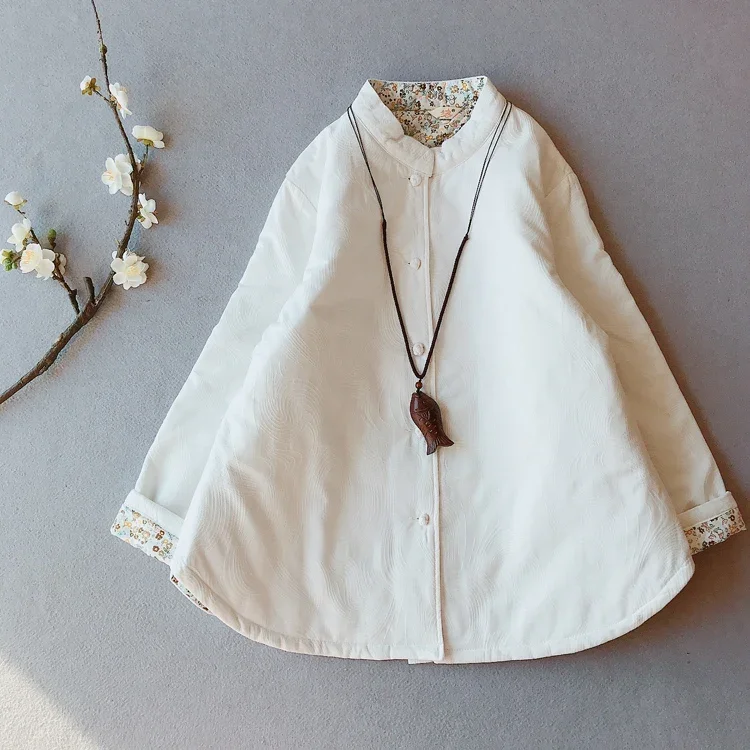 Chinese Style Literary Retro Stand Collar Disc Buckle Cotton Linen Quilted Coat Large Size Women's Winter Cotton-padded Jacket