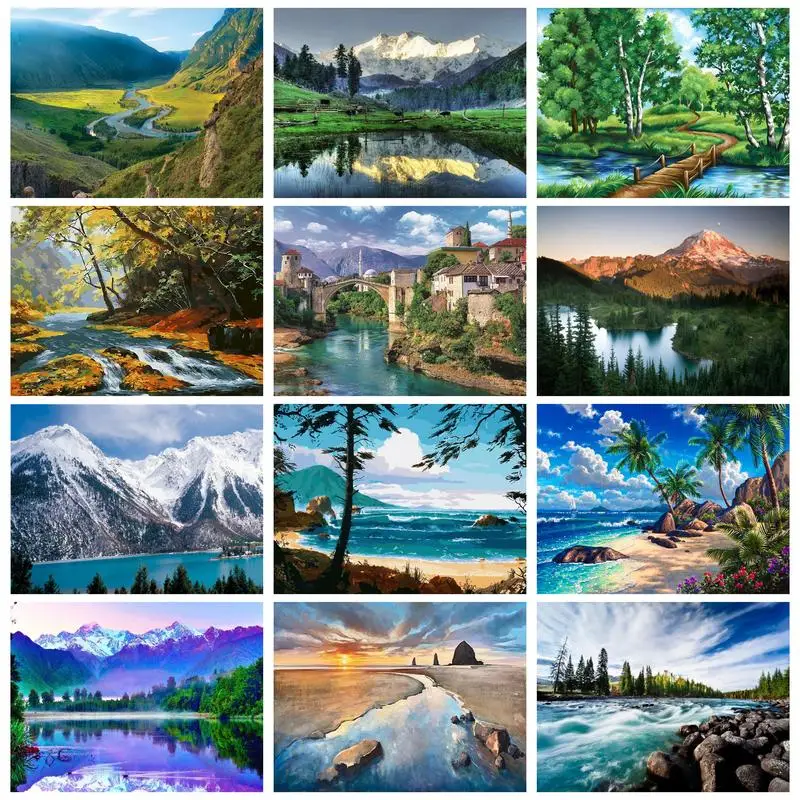 CHENISTORY 40X50cm Painting By Numbers River Mountain Landscape For Adult Gift Artwork Pictures Paint Wall Art Canvas Painting