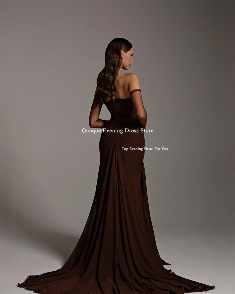 Qunque Generous Chiffon Mermaid Evening Dresses Off the Shoulder Sleeves Brown Prom Gowns Pleated Customized Vestido De Noche