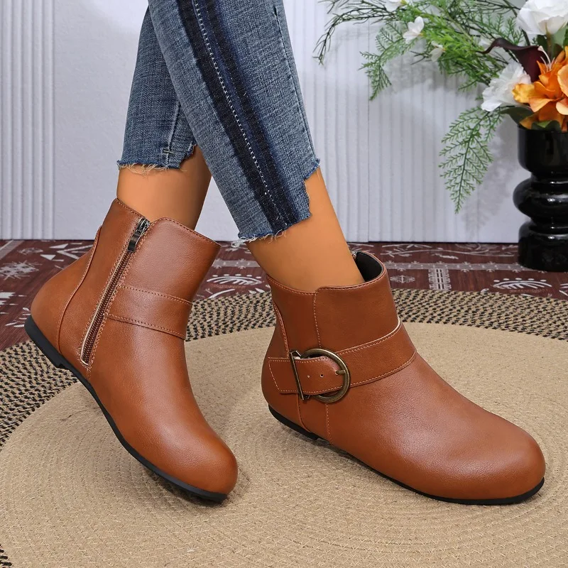 New Round Toe Flat Heel Side Zipper Women's Ankle Boots Fashion Solid Buckle Strap Classic Everyday Casual Outdoor Women Boots
