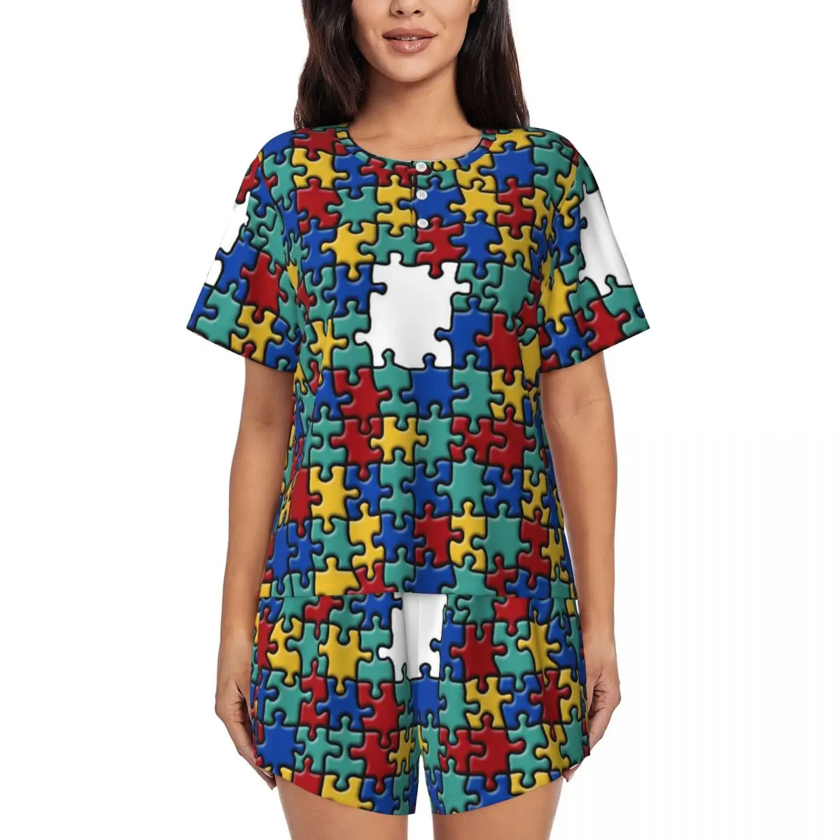 Custom Print Women's Colorful Puzzle Autism Awareness Pajamas Set Two-piece Pjs Sets Short Sleeve Sleepwear Loungewear