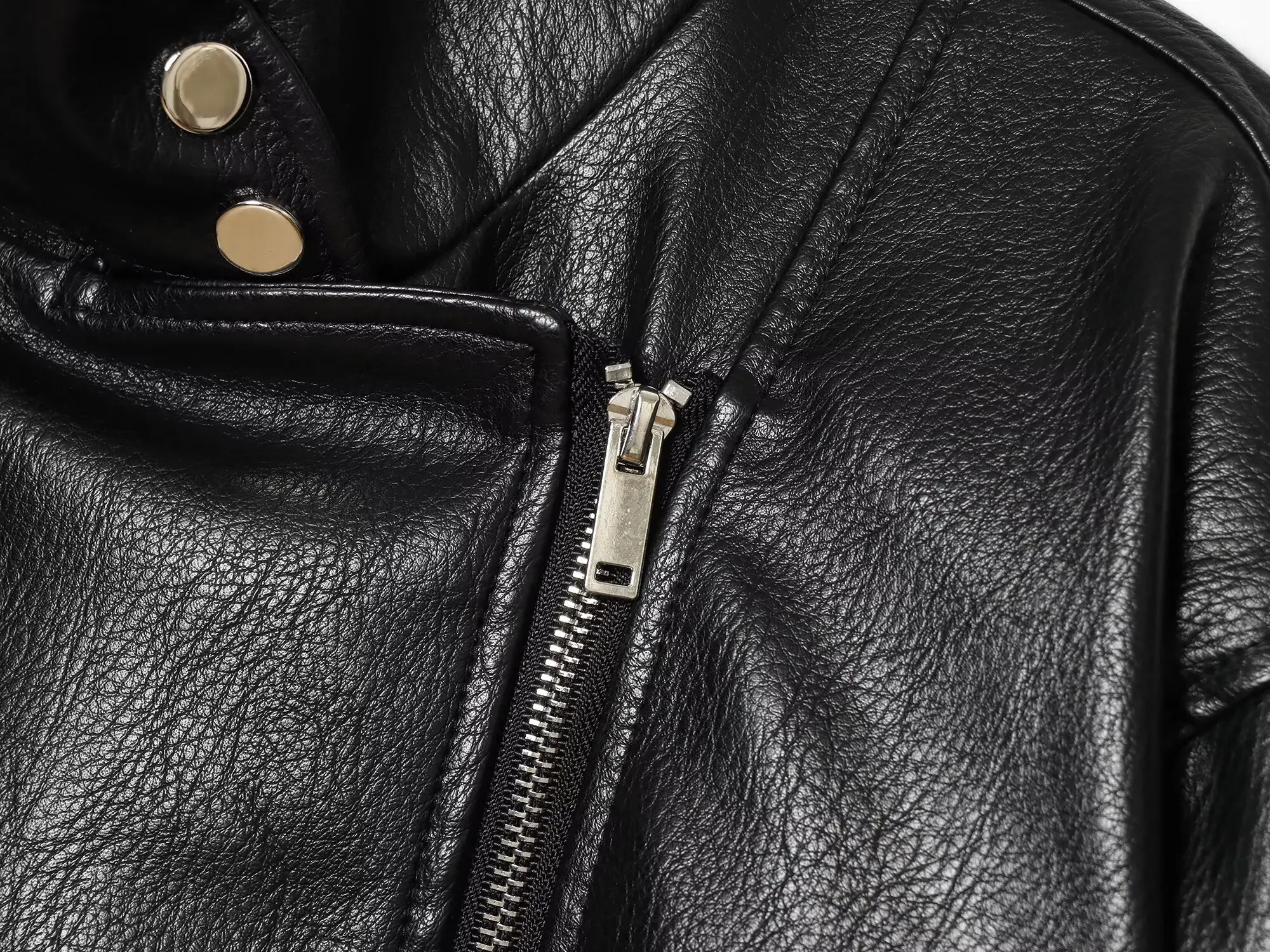 BSAY 2026 Herbst Neue Damen Stehkragen Kunstlederjacke Diagonaler Reißverschluss Kurze Motorradjacke Elastische Taschen Biker-Oberbekleidung – Detail 20