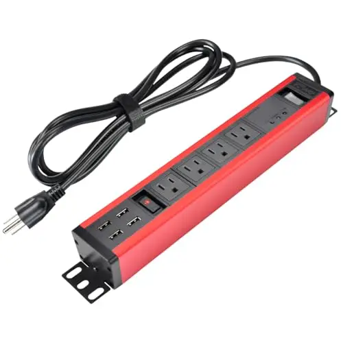 

TOWE Heavy Duty Metal Power Strip 4 Outlets 4 USB Surge Protector 2500W Wall Mount Extension Power Cord for Garage Workshop