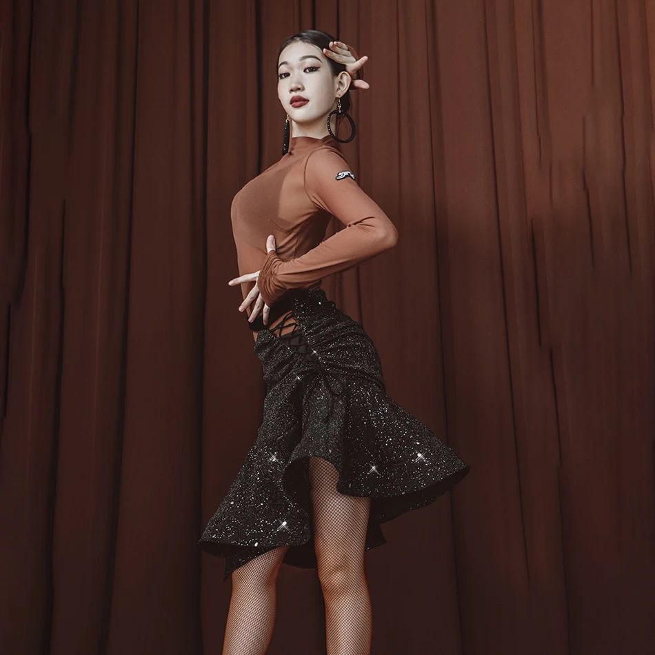 Robe de danse latine à manches longues, body Sexy, jupes noires, ensemble Cha Cha Samba Rumba, vêtements de danse pour spectacle sur scène