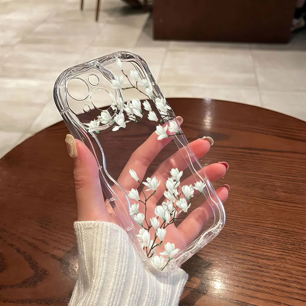 Magnolia Flower Clear Wavy TPU Phone Case For Samsung Galaxy S23 S24 S25 S26 Ultra Plus A07 A15 A16 A17 A56 A57 4G 5G INS Cover