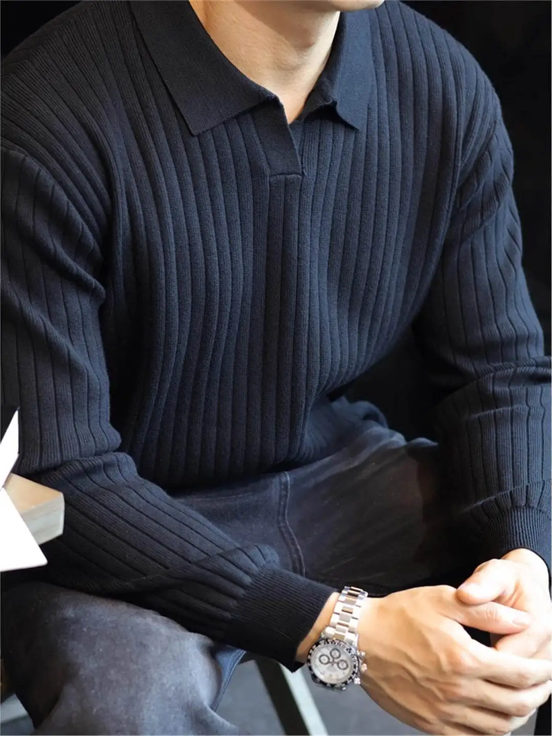 

Busin Knitted irt Men's Casual Commute Simple Turn-down Collar Long Sve Sweater Lightweight Stripe Pattern