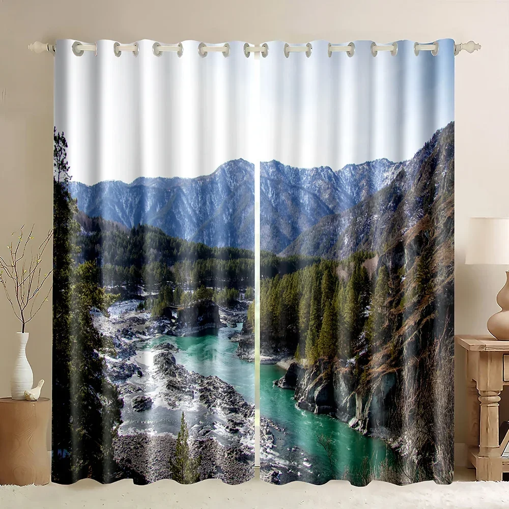 Cortina opaca con estampado de las montañas de Altai, estampado artístico natural de prado con río forestal, montañas y agua verde para dormitorio