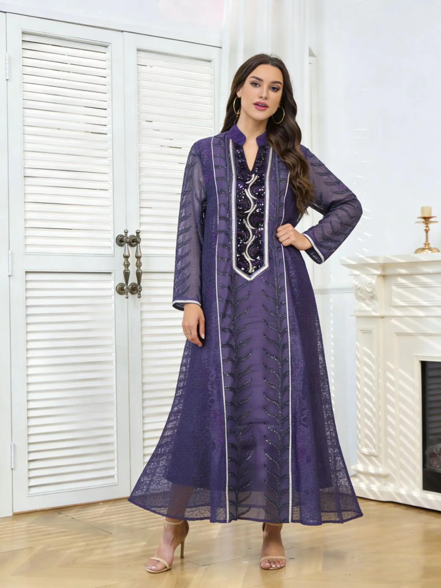 

Middle Eastern clothing luxury fashion new mesh bead bead embroidery robe Dubai Ramadan Muslim long sleeved women's dress