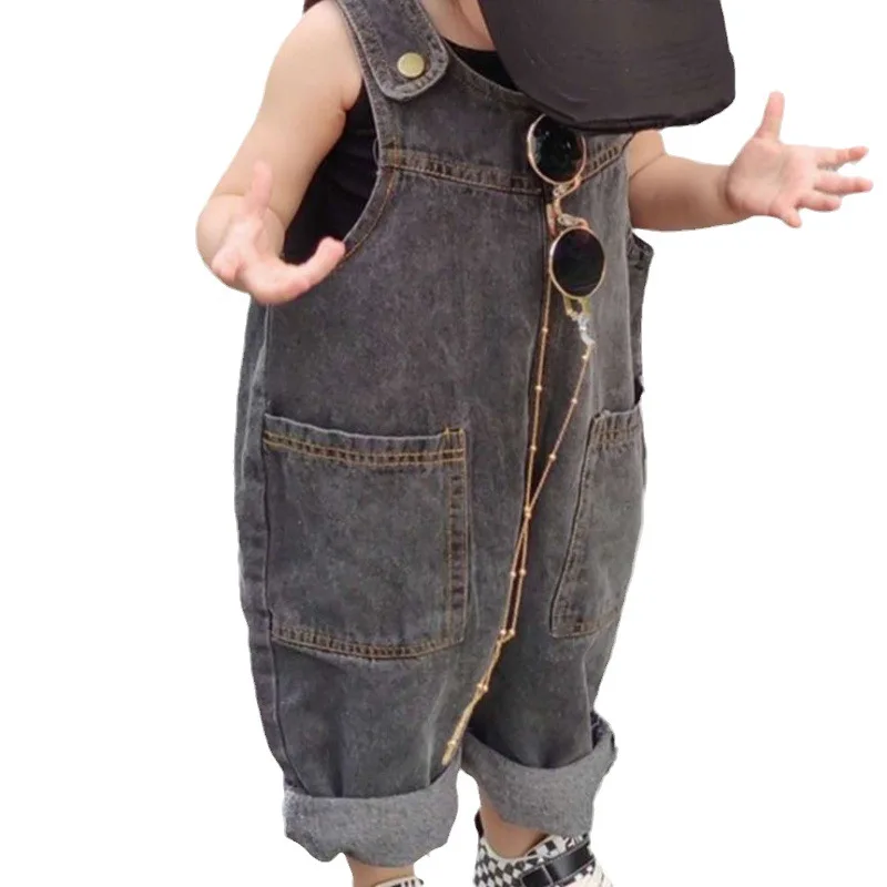 Spring Boys Girls Denim Strap Pants For Children Autumn  Baby Kids Jumpsuit Loose And Versatile With Handsome Pocket Splicing