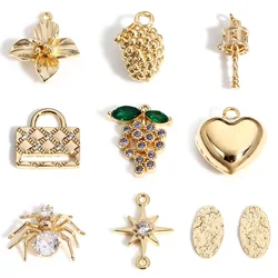 2pcs Copper Charms Gold Color Heart Flower Spider Rhinestone Pendants DIY Necklace Earrings For Women Party Jewelry Findings