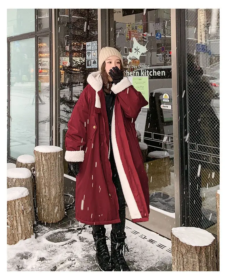 Lamb wool Cotton Jacket Women's Korea Loose 2026 New Winter Plus velvet Snow Parkas Warm Hooded Coat Casual Female Long Overcoat