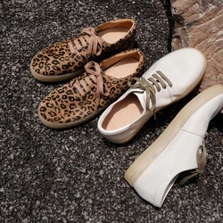 Women Leopard Sneakers Spring Autumn Real Leather Casual Shoes Women's Lace-Up Flats Round Toe Girls Fashion Horsehair Sneakers