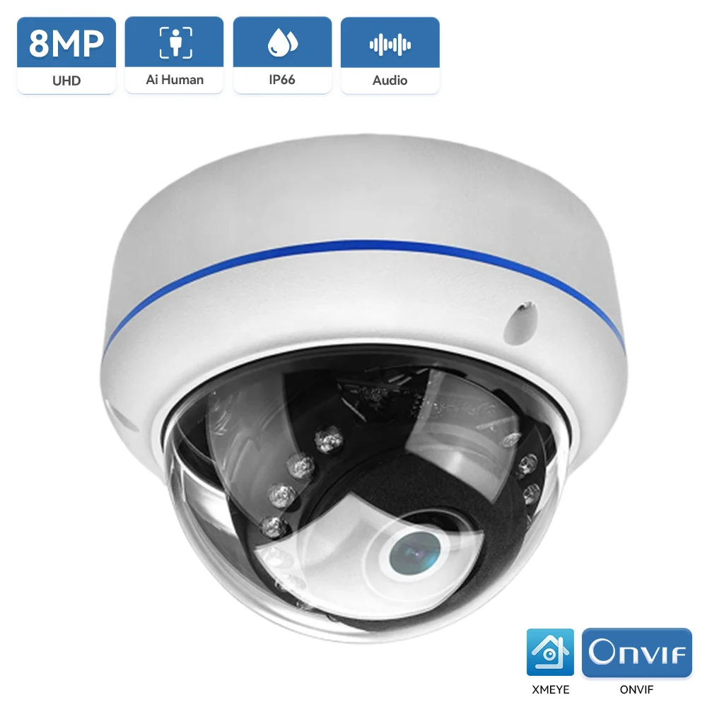 

Hamrolte 4K 8MP ONVIF IP Camera Vandal-proof Waterproof Outdoor Dome Camera Audio Record Email Alert Xmeye Cloud H.265