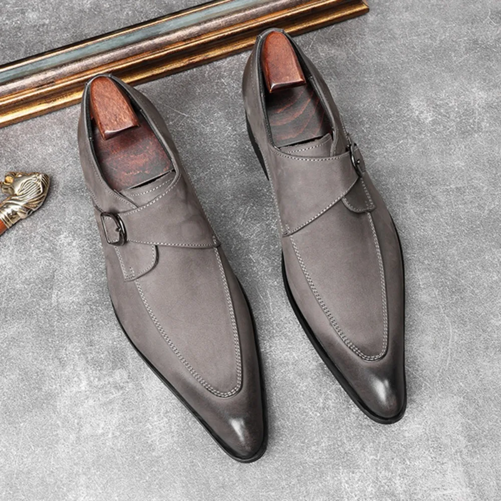 Classic Dress Men's Monk Suede Leather Shoes with Pointed Toe Buckle Business Office Wedding Comfortable Men's Oxfords Shoes