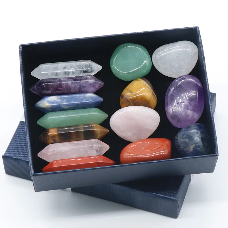 14pcs Gift Box Pointed Crystal Chakra Healing Stones and Crystals Set Hexagon Rose Quartz Gems for Meditation Bedroom Decorative