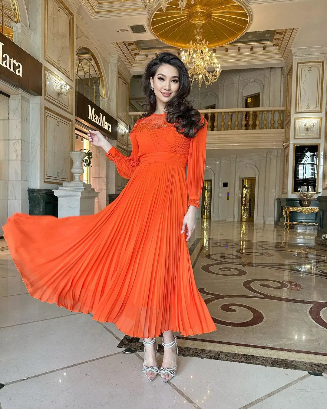 FDY Store Orange Chiffon Long Sleeves Prom Dresses فساتين مناسبة رسمية Dubai Women Evening Gowns Wedding Party Dress