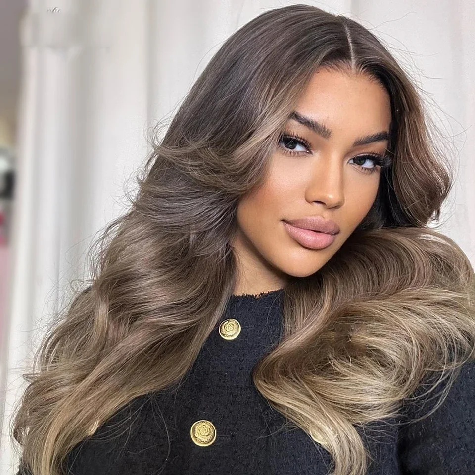 

26inch 180Density 5x5 Silk Base Body Wave Ombre Brown Preplucked Jewish Human BabyHair HDLace Wig European Hair Glueless