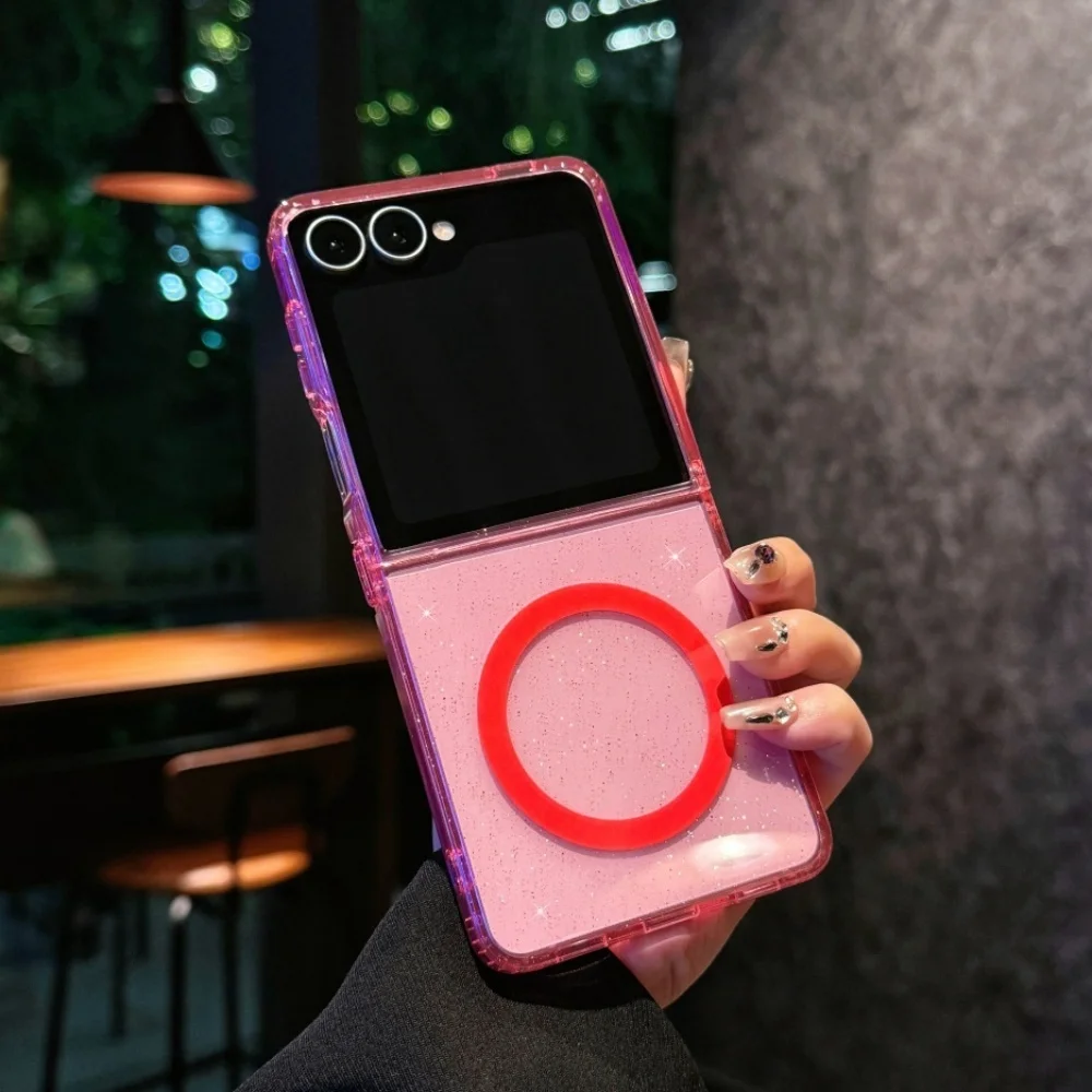 حافظة Z Flip 7 لامعة شفافة شحن لاسلكي Magsafe حافظات Funda لهاتف سامسونج جالاكسي Z Flip 7 6 5 4 3 Flip7fe حافظة شفافة