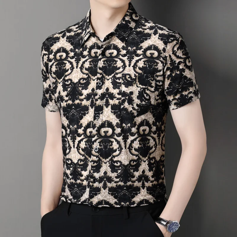 Summer Men\'s High-end Ice Silk Short Sleeved Floral Shirt Fashion Trend Casual Short Sleeved Shirt