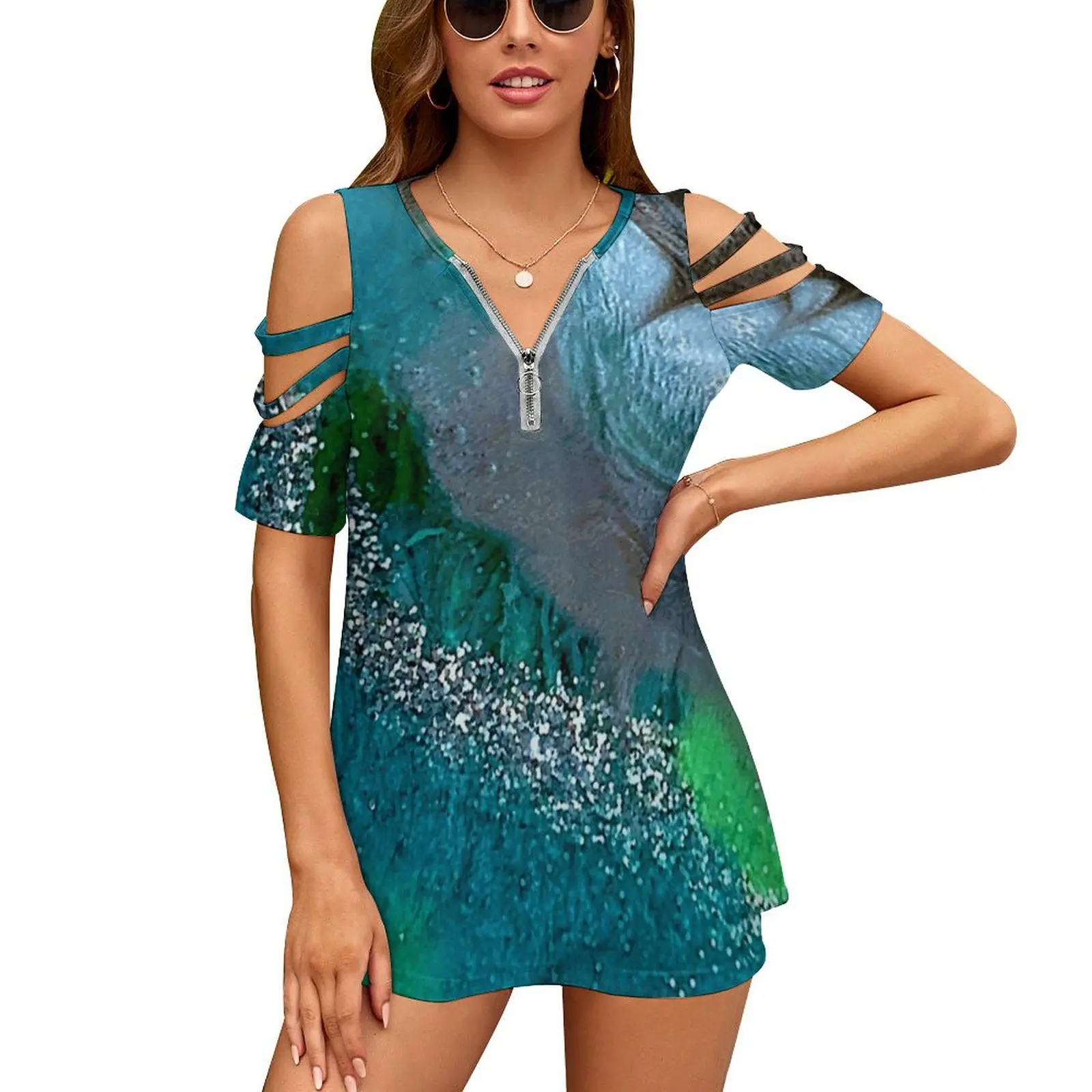 Earthly Women'S T-Shirt New Fashion Printed Zipper V-Neck Short Sleeve T Shirts Casual Plus Size Geode Teal Lime Blue Silver