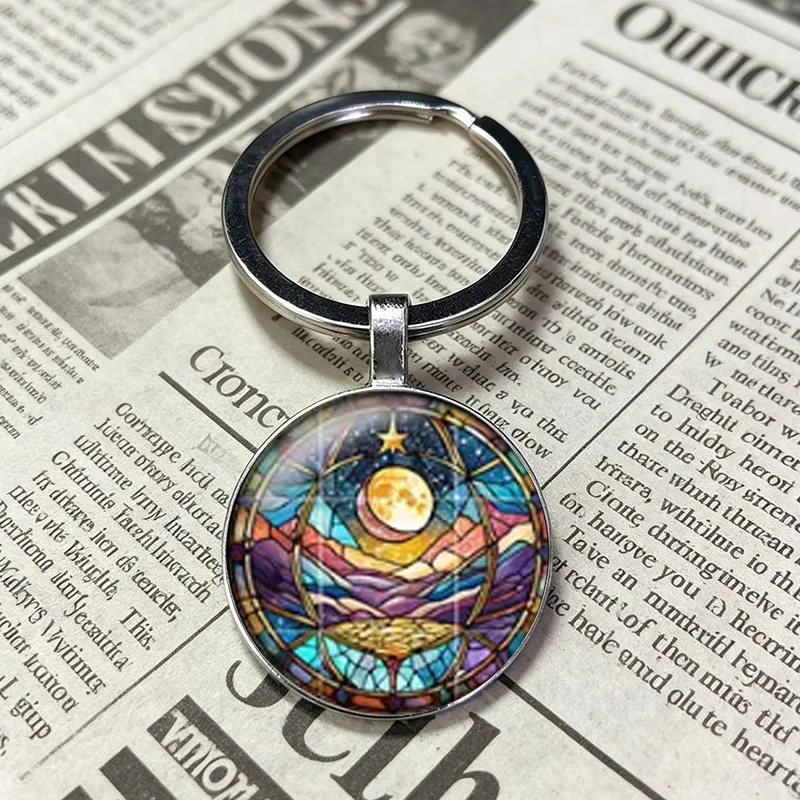 Swirl Gradient Orange Gold Crescent Moon Glass Cabochon Keychain, Psychedelic Magical Celestial Decorative Carry Key Charm