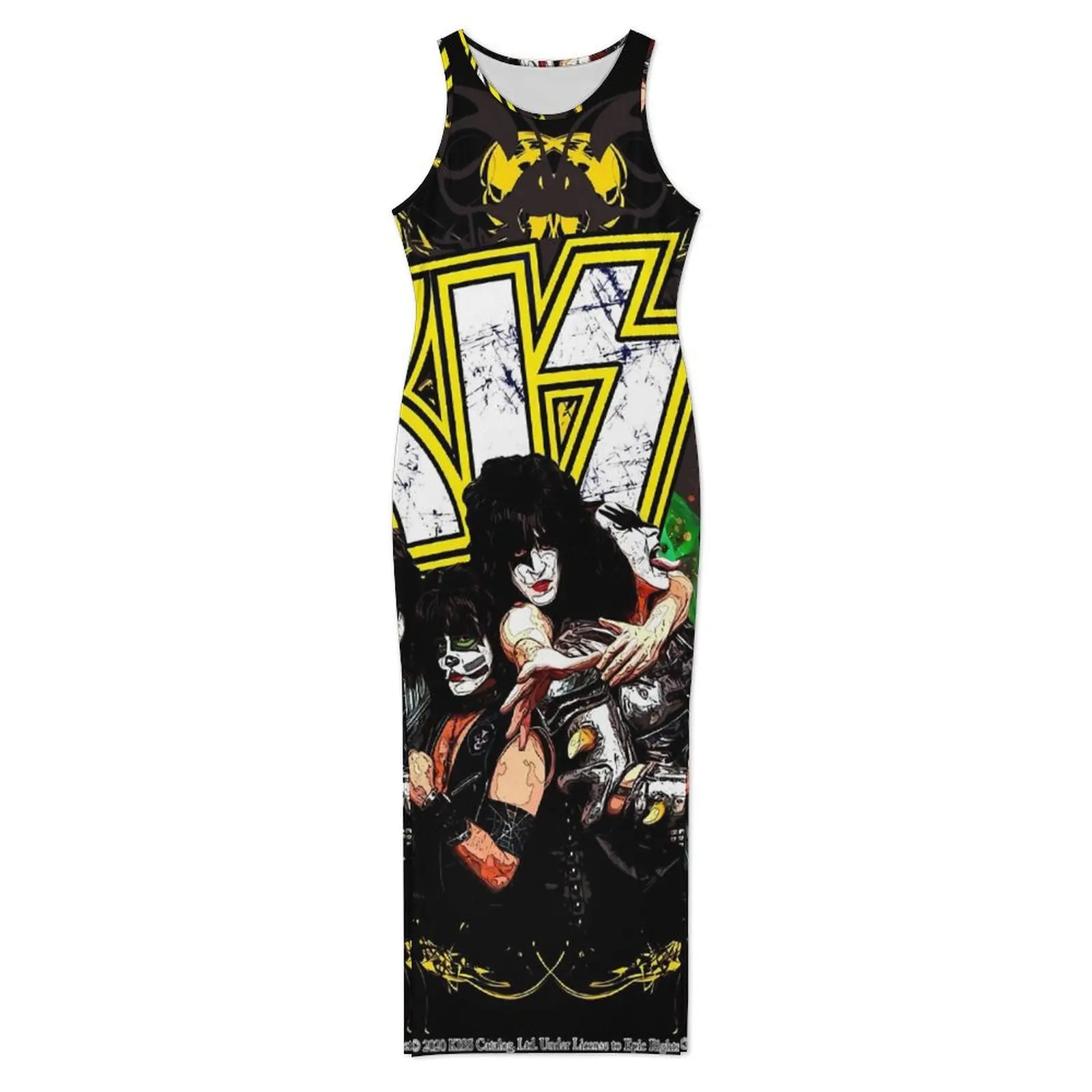 Kiss Band Bodycon Dress Spring Yellow and Black Modern Maxi Dresses Woman Sleeveless Printed Street Style Dress Big Size 3XL 4XL