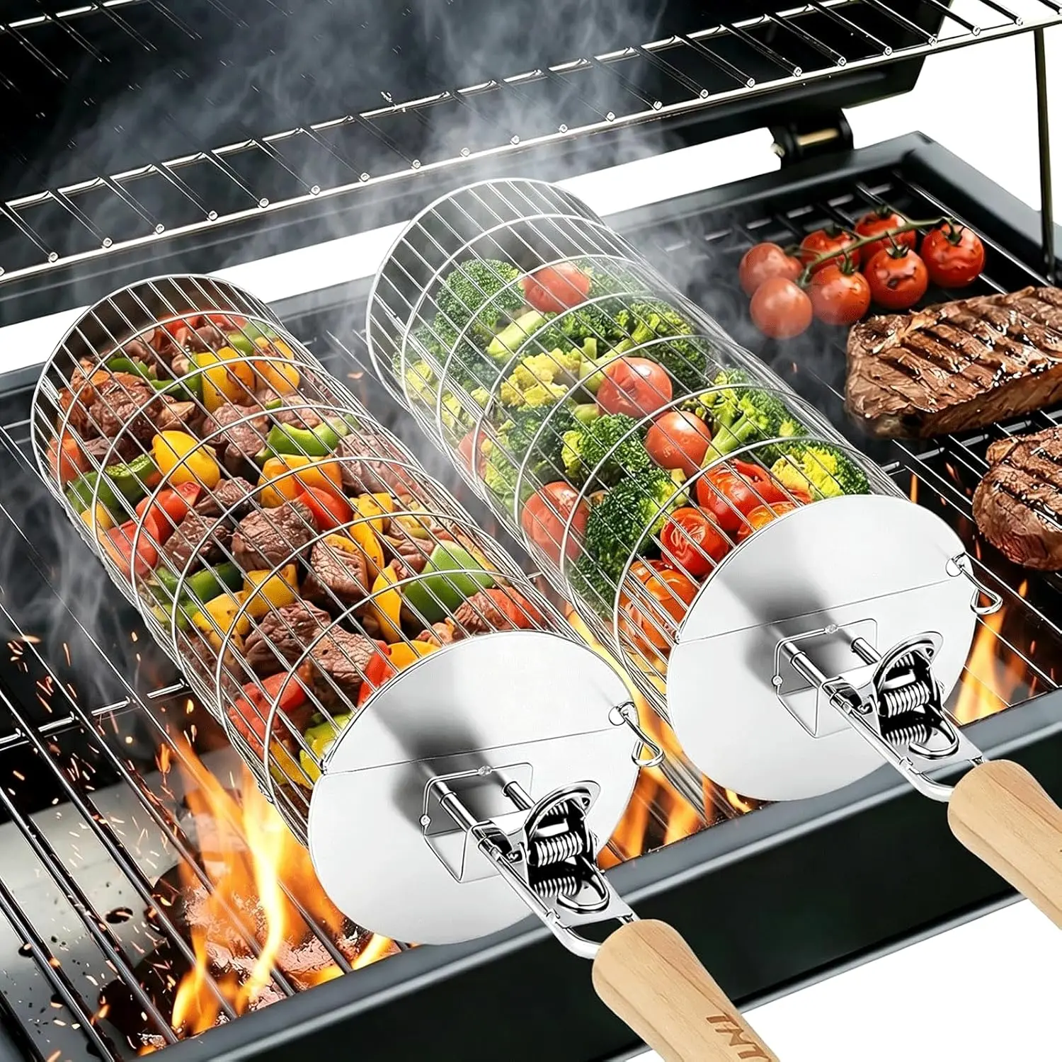 

Rolling Grill Basket, 304 Stainless Steel BBQ Accessories for Outdoor Cooking, Removable Handle, Large Capacity for Vegetables and Shrimp