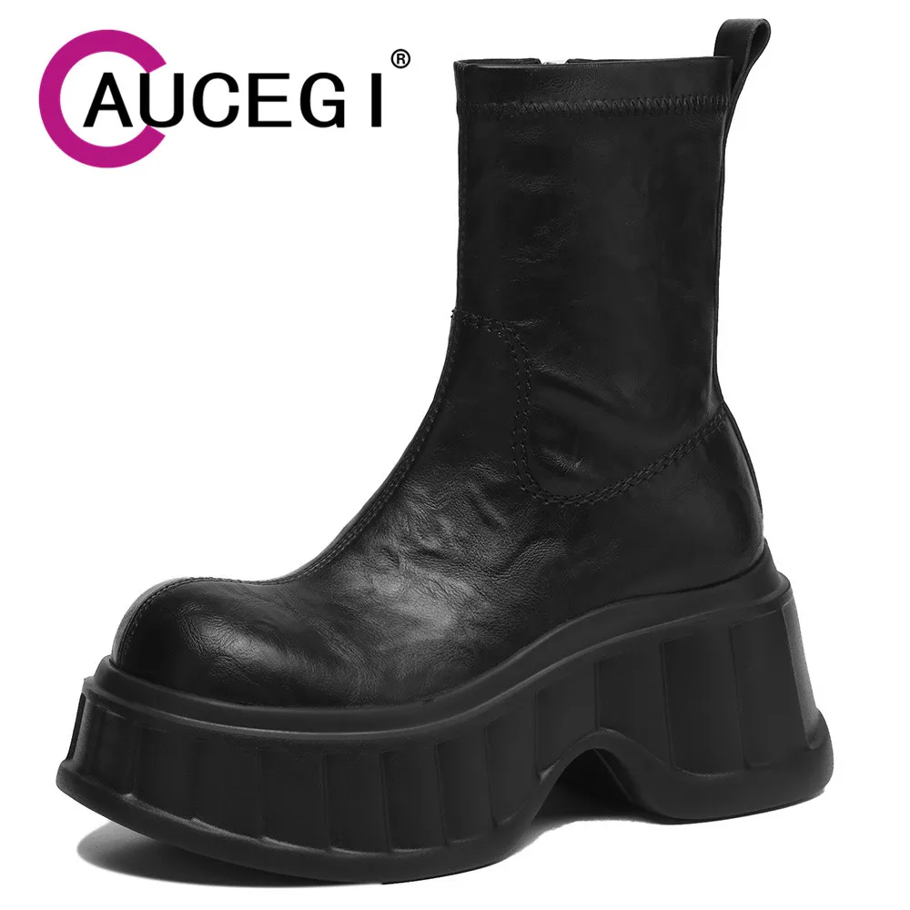 Aucegi New Autumn Winter Microfiber Leather Women Ankle Boots Platform Thick Bottom Fashion Round Toe Commuter Handmade Shoes