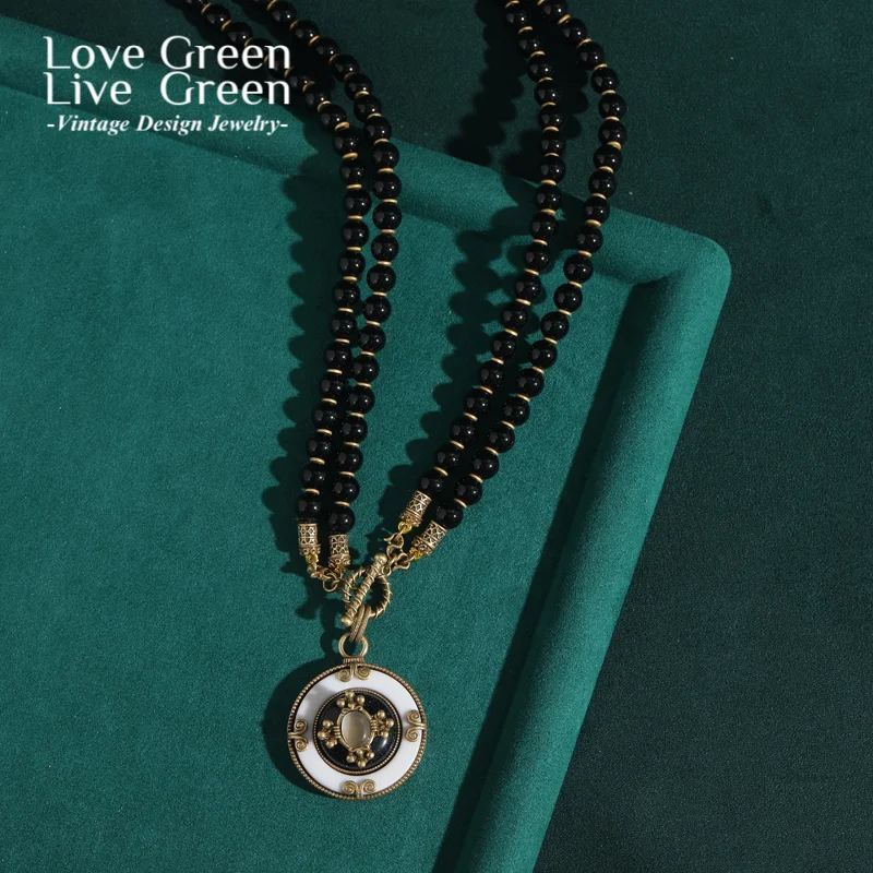 

Vintage Black Agate Layered Beaded Necklace Gold Color Moonstone Pendant Woman High Quality Luxury Jewelry Designer Party 2025